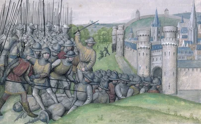 Ms 659 f.282r Louis, Graf von Flandern und die Stadt Brügge werden von Filips van Artefelde und den Leuten von Gent in der Schlacht von Bevenhoutsveld 1382 besiegt, 1477